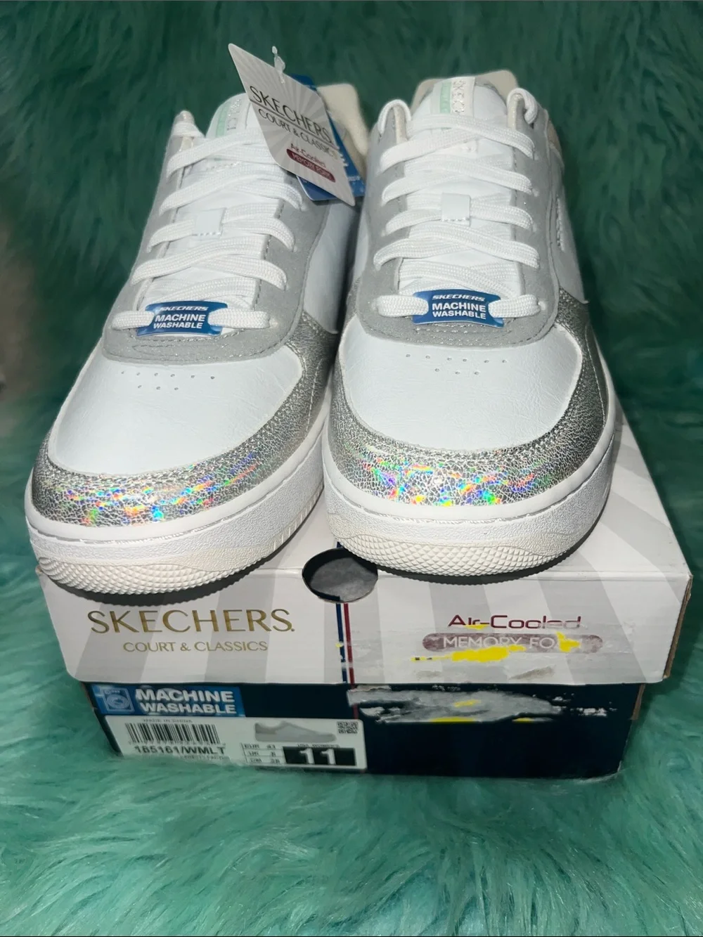 NIB Skechers White Sneakers with Iridescent Holographic Accent W/11